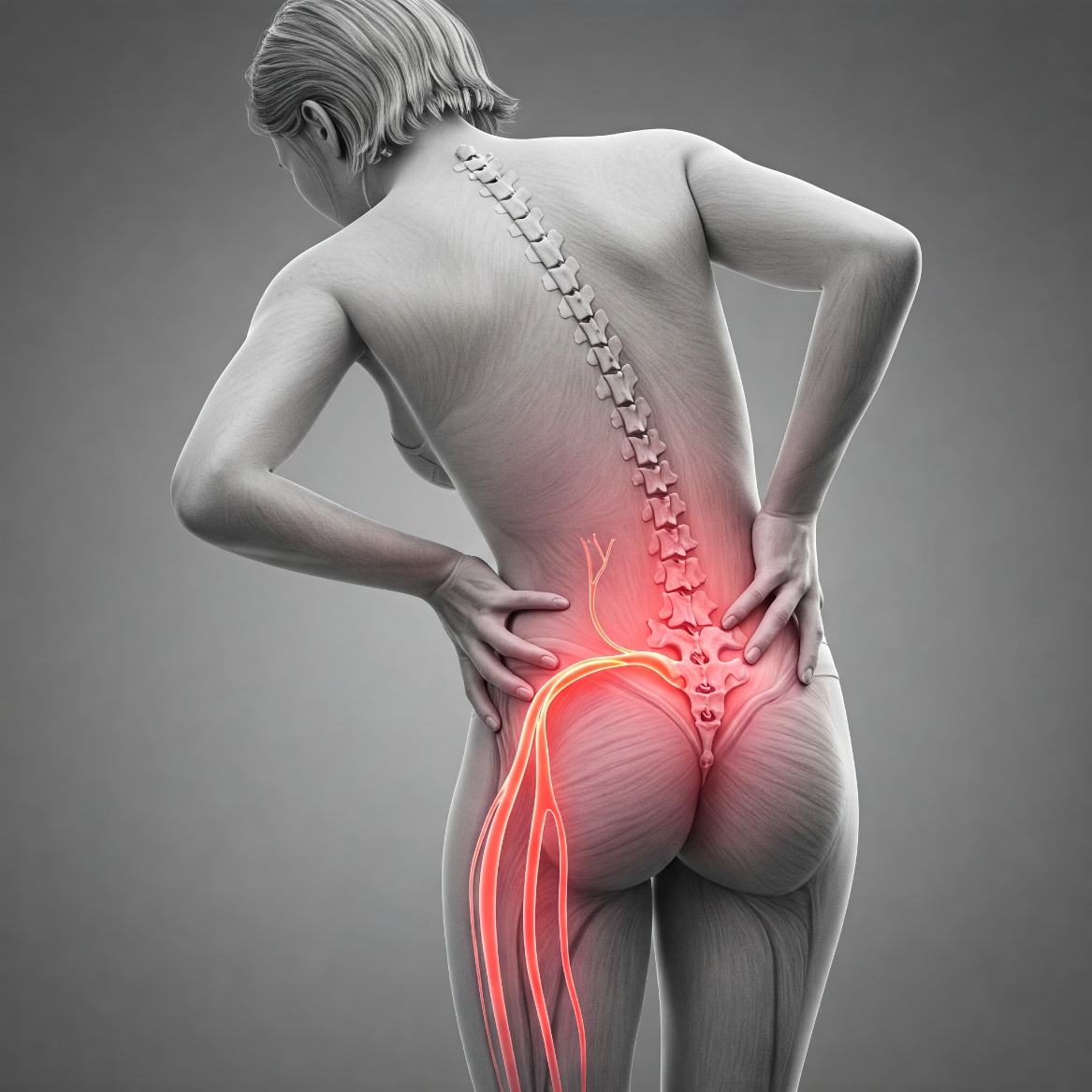 Woman experiencing sciatica and is requires nerve defend for relief