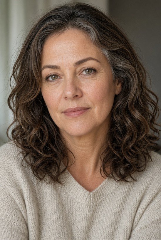 Woman in her 40s with strands of grey hair